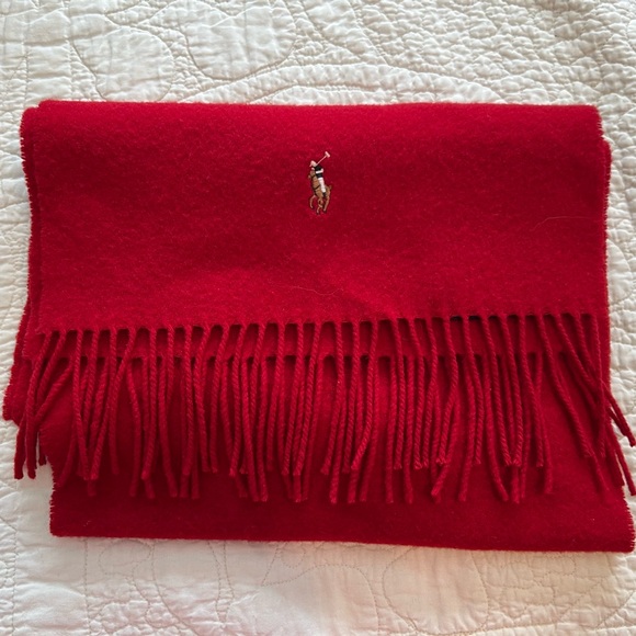 Polo Ralph Lauren Red 100% wool fringed scarf Made in Scotland - Picture 1 of 8